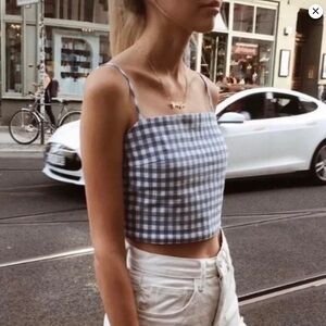 BRANDY MELVILLE Rare Checkered Blue and White Tie-Back Top